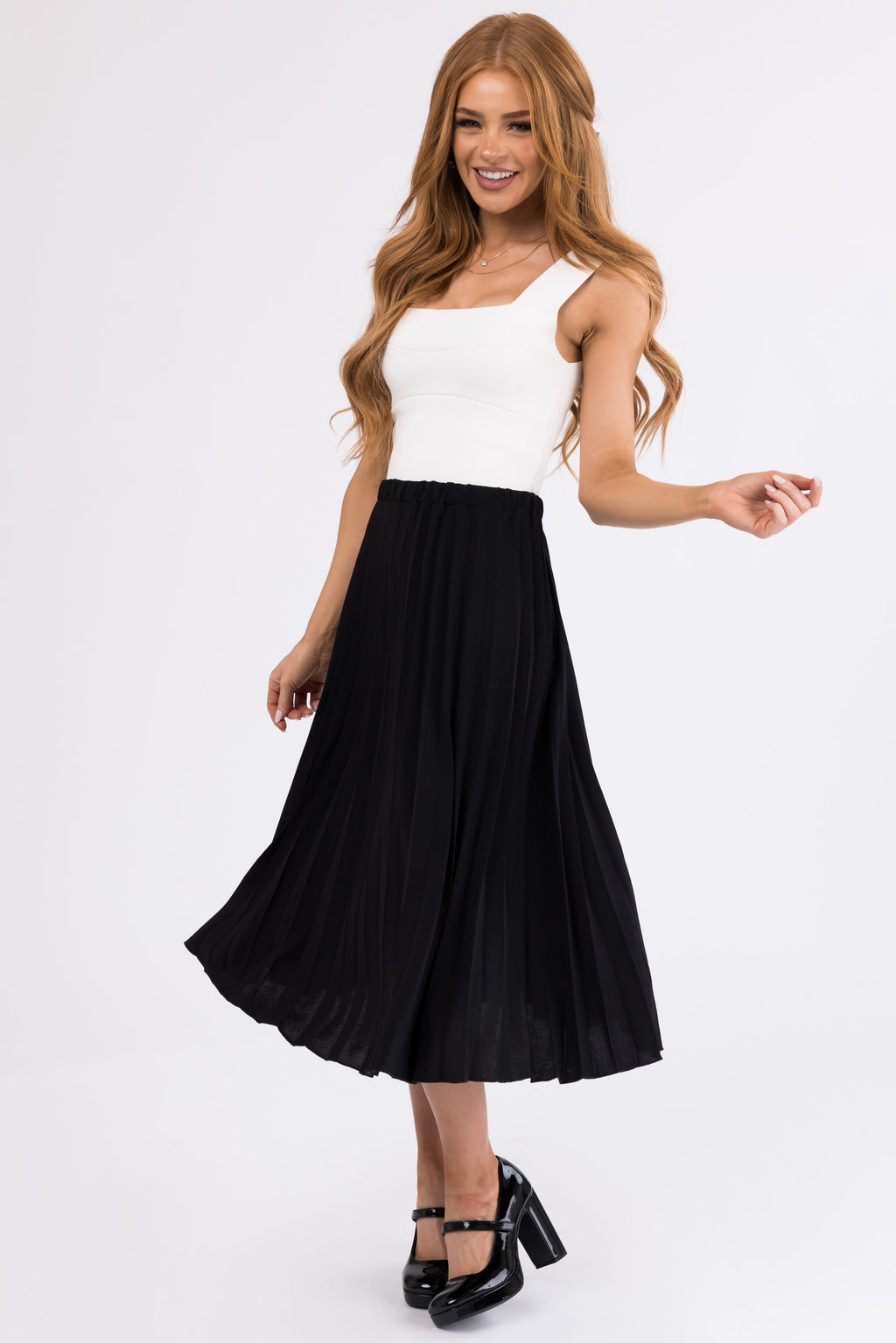 Black Pleated Midi Skirt with Elastic Waist