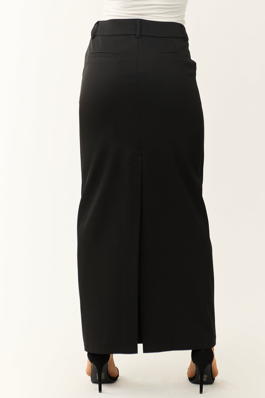 Black Mid-Rise Maxi Skirt with Back Slit and Trouser Styling