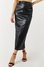 Black Faux Leather Midi Skirt with Back Slit