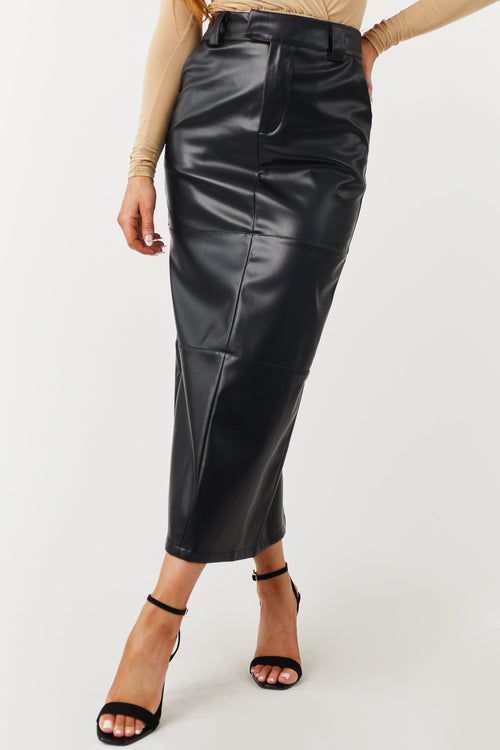 Black Faux Leather Midi Skirt with Back Slit