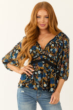 Black Floral Print V-Neck Lace Blouse