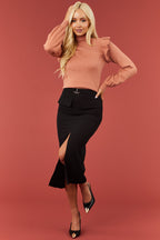 Black Belted Midi Skirt with Flap Pockets and Slit