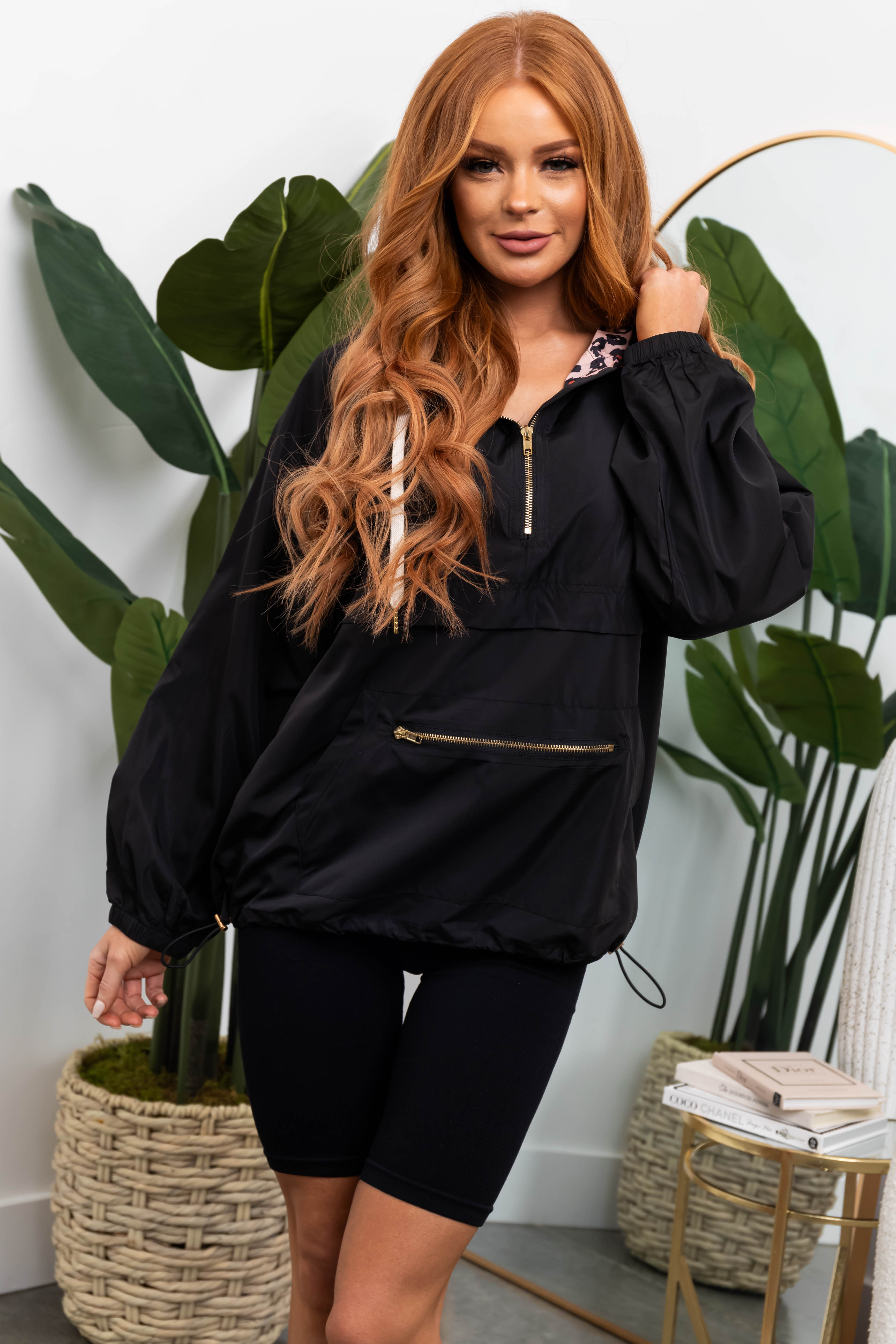 Black Half-Zip Windbreaker with Leopard Print Hood