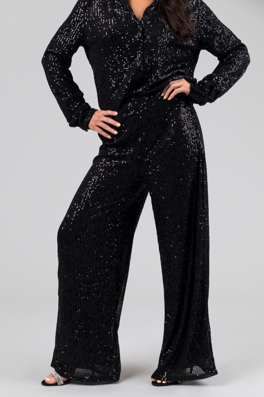 Black Sequin Wide-Leg High-Waist Pants