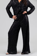 Black Sequin Wide-Leg High-Waist Pants