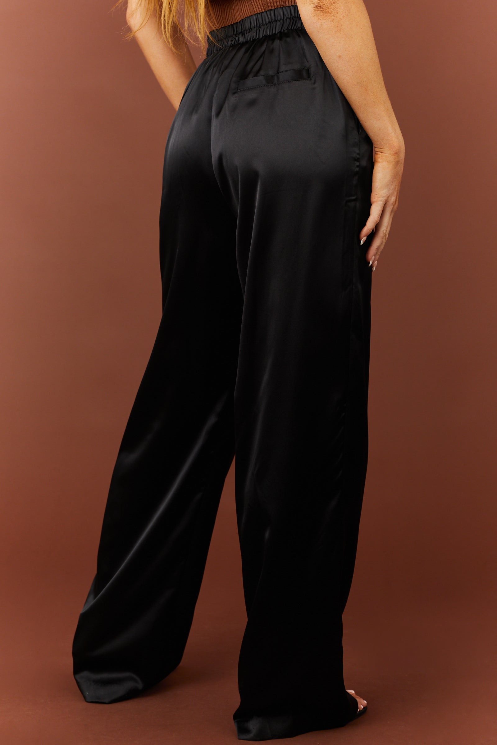 Black Satin Smocked Waist Wide-Leg Pants