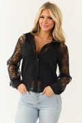 Black Lace Button-Down Top with Collar and Long Sleeves