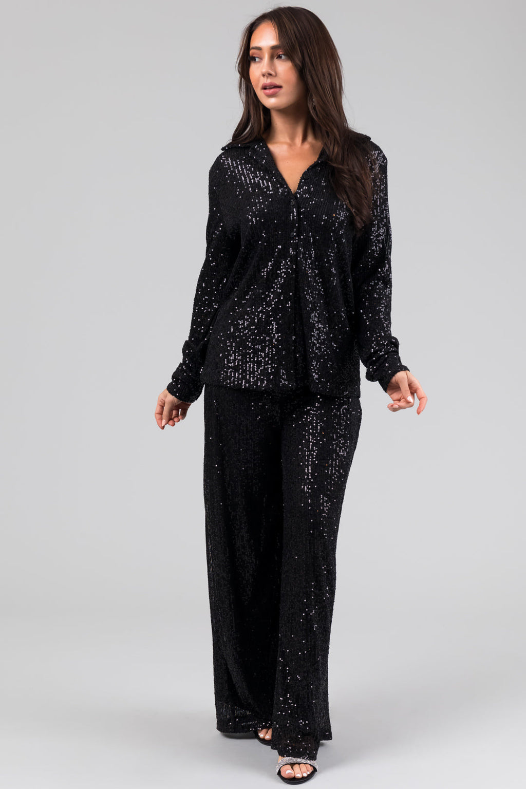 Black Sequin Wide-Leg High-Waist Pants