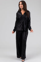 Black Sequin Wide-Leg High-Waist Pants