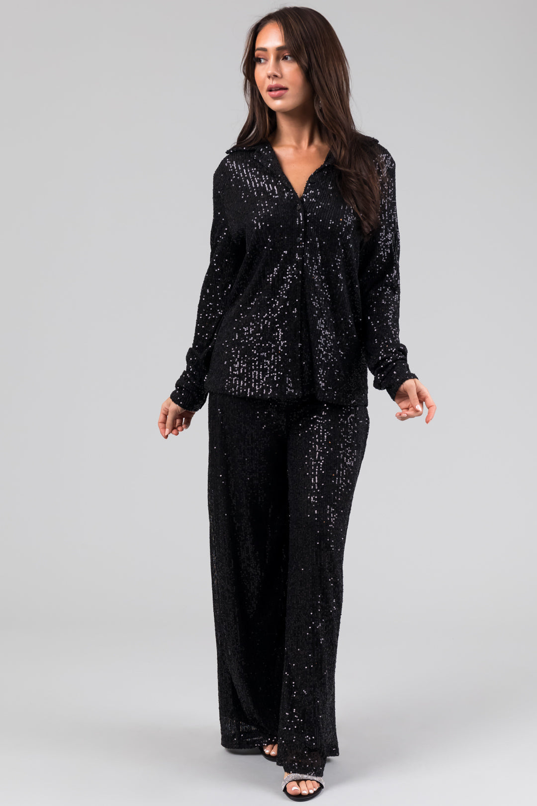 Black Sequin Wide-Leg High-Waist Pants