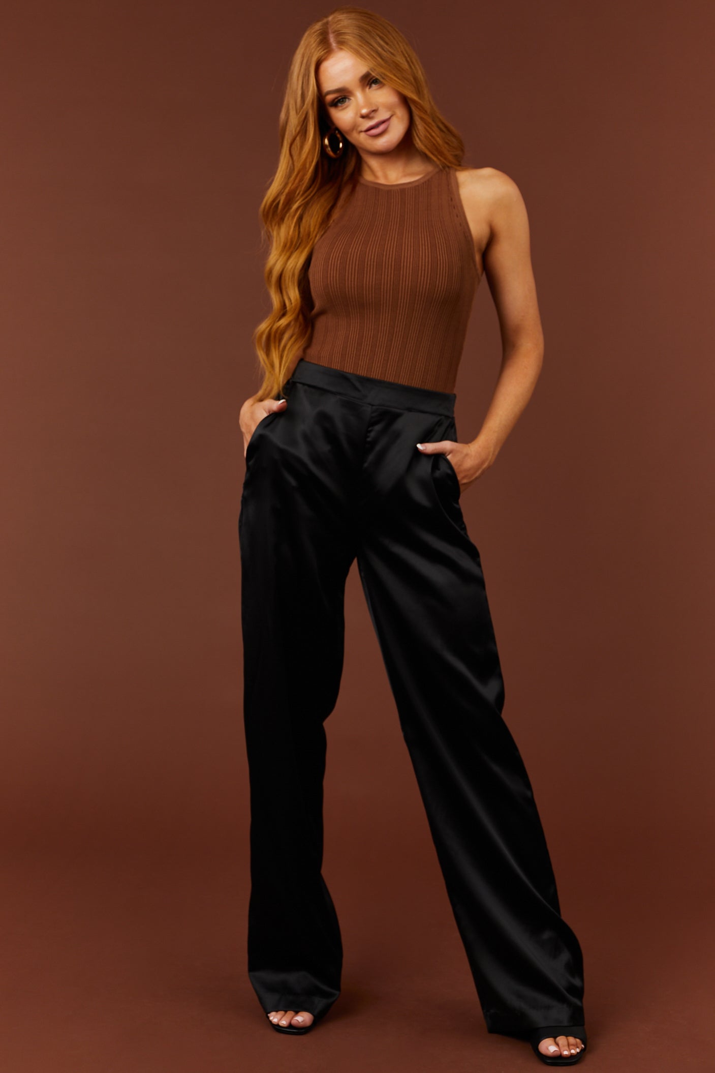 Black Satin Smocked Waist Wide-Leg Pants