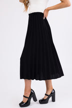 Black Pleated Midi Skirt with Elastic Waist