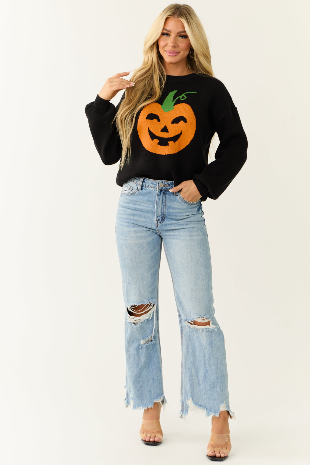 Black Soft Knit Sweater with Pumpkin Graphic