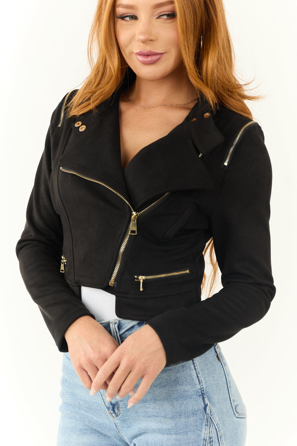 Black Faux Suede Moto Jacket with Zipper Detail