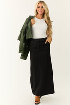 Black Mid-Rise Maxi Skirt with Back Slit and Trouser Styling