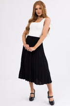 Black Pleated Midi Skirt with Elastic Waist