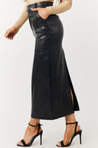 Black Faux Leather Midi Skirt with Back Slit
