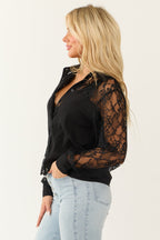 Black Lace Button-Down Top with Collar and Long Sleeves