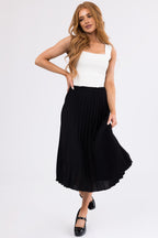 Black Pleated Midi Skirt with Elastic Waist