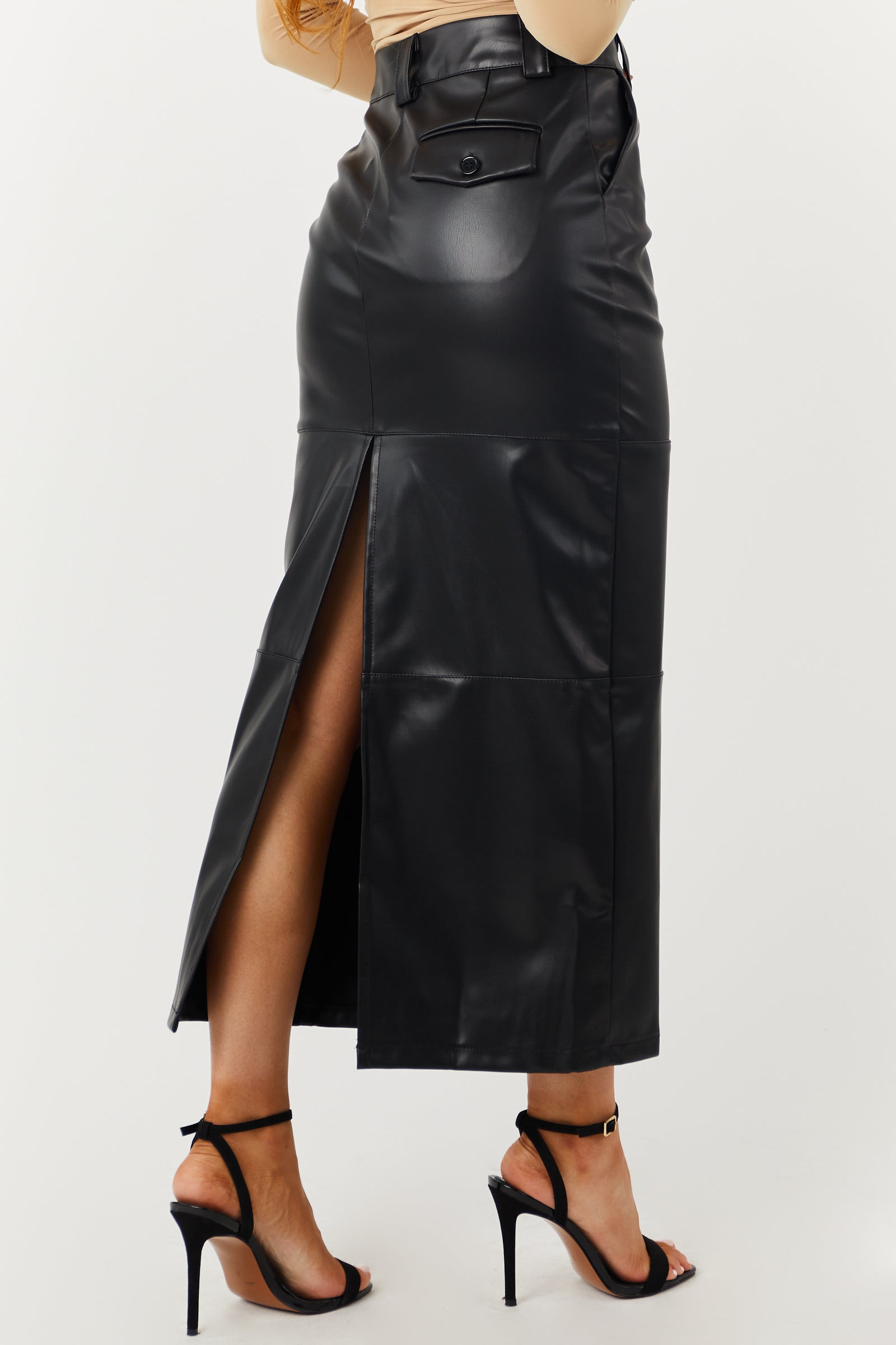 Black Faux Leather Midi Skirt with Back Slit
