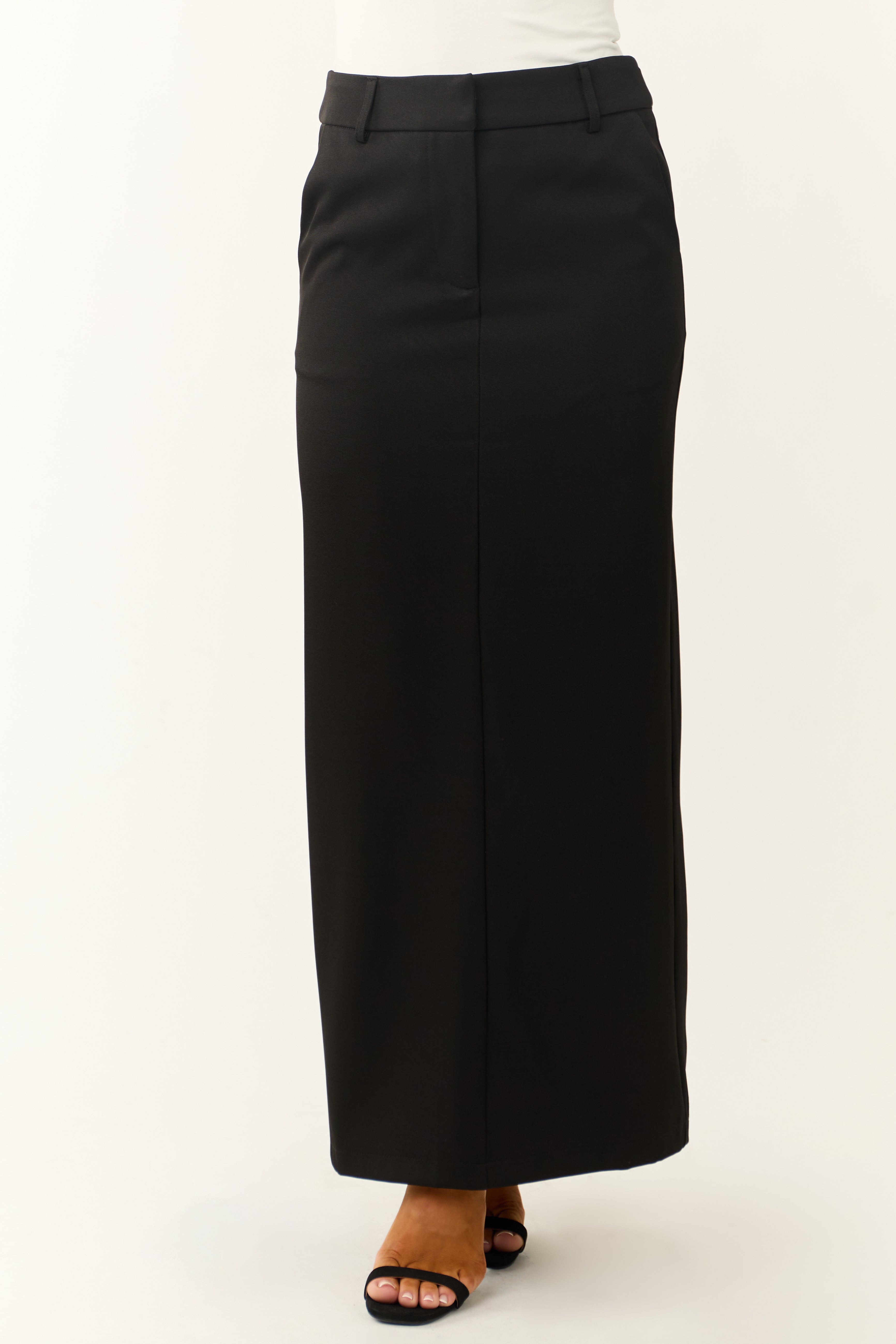 Black Mid-Rise Maxi Skirt with Back Slit and Trouser Styling
