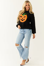 Black Soft Knit Sweater with Pumpkin Graphic