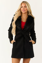 Black Belted Coat with Faux Fur Collar