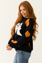 Black Halloween Graphic Soft Knit Sweater Casual Fall Winter Pullover