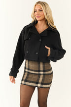 Black Cropped Double-Breasted Coat with Notched Collar