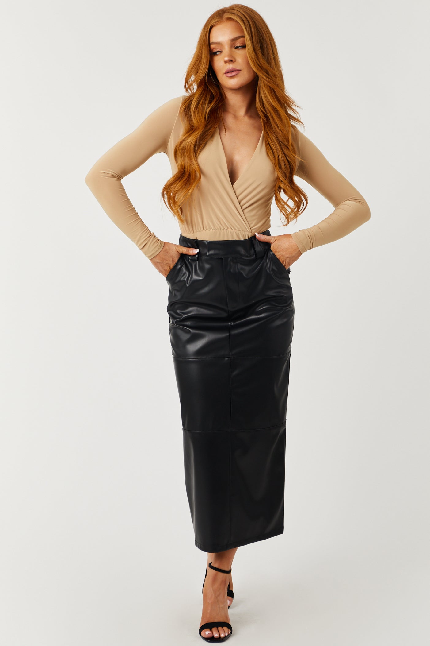 Black Faux Leather Midi Skirt with Back Slit