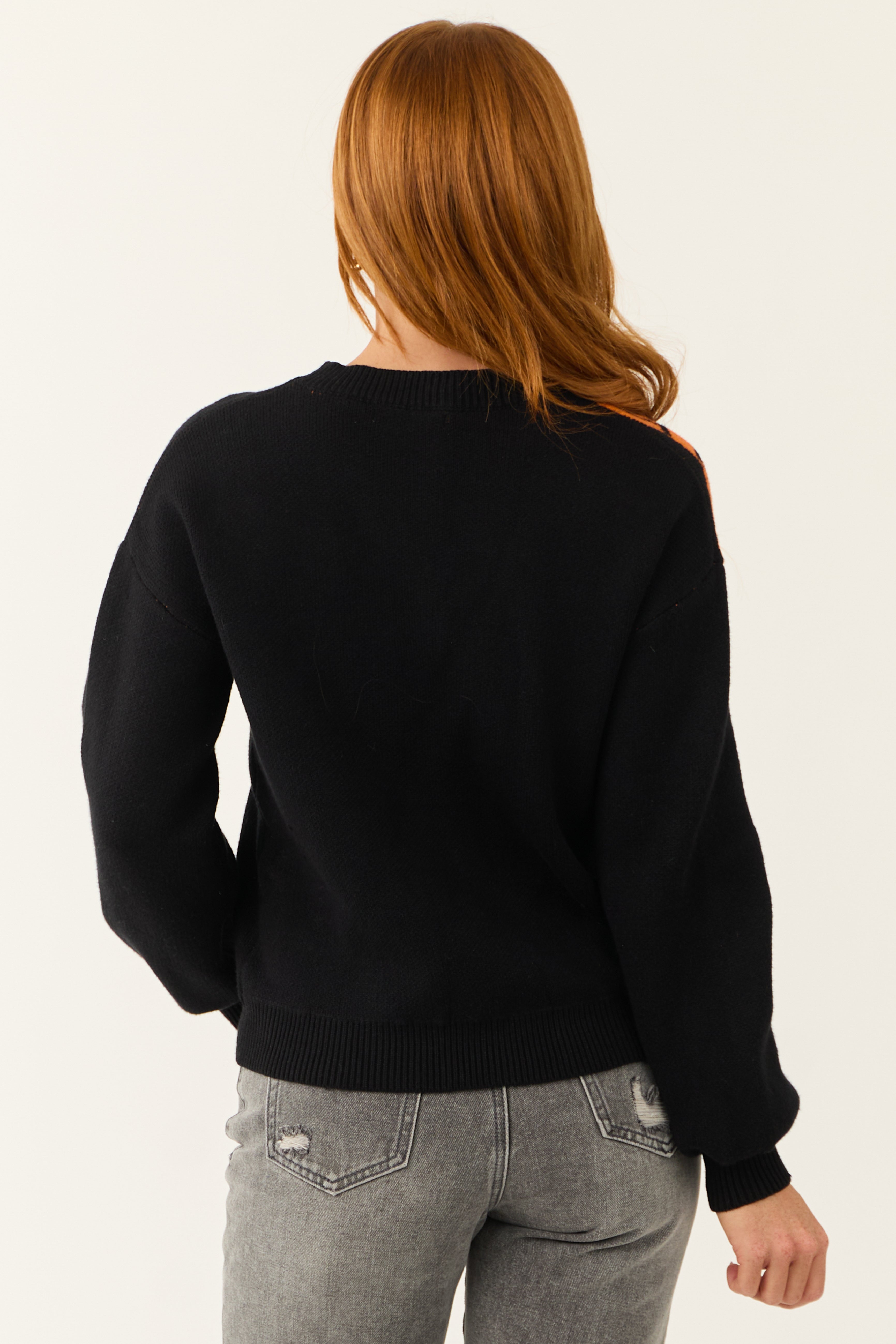 Black Soft Knit Sweater with Jack-O-Lantern Graphic