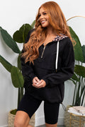Black Half-Zip Windbreaker with Leopard Print Hood