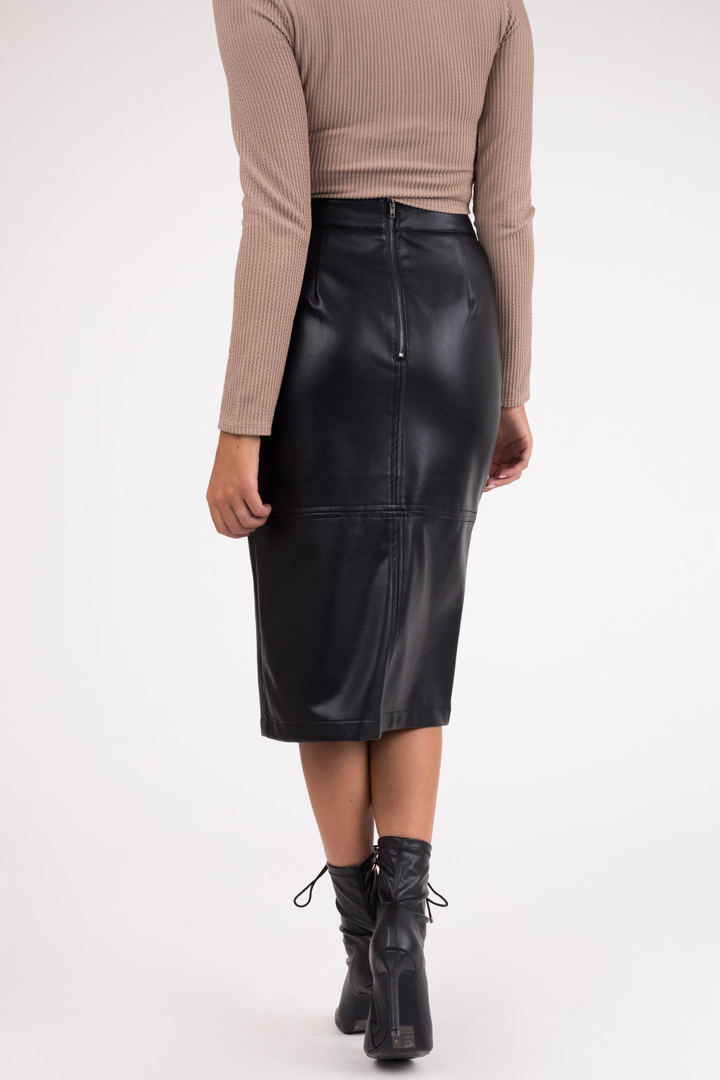 Black Faux Leather Midi Skirt with Front Slit