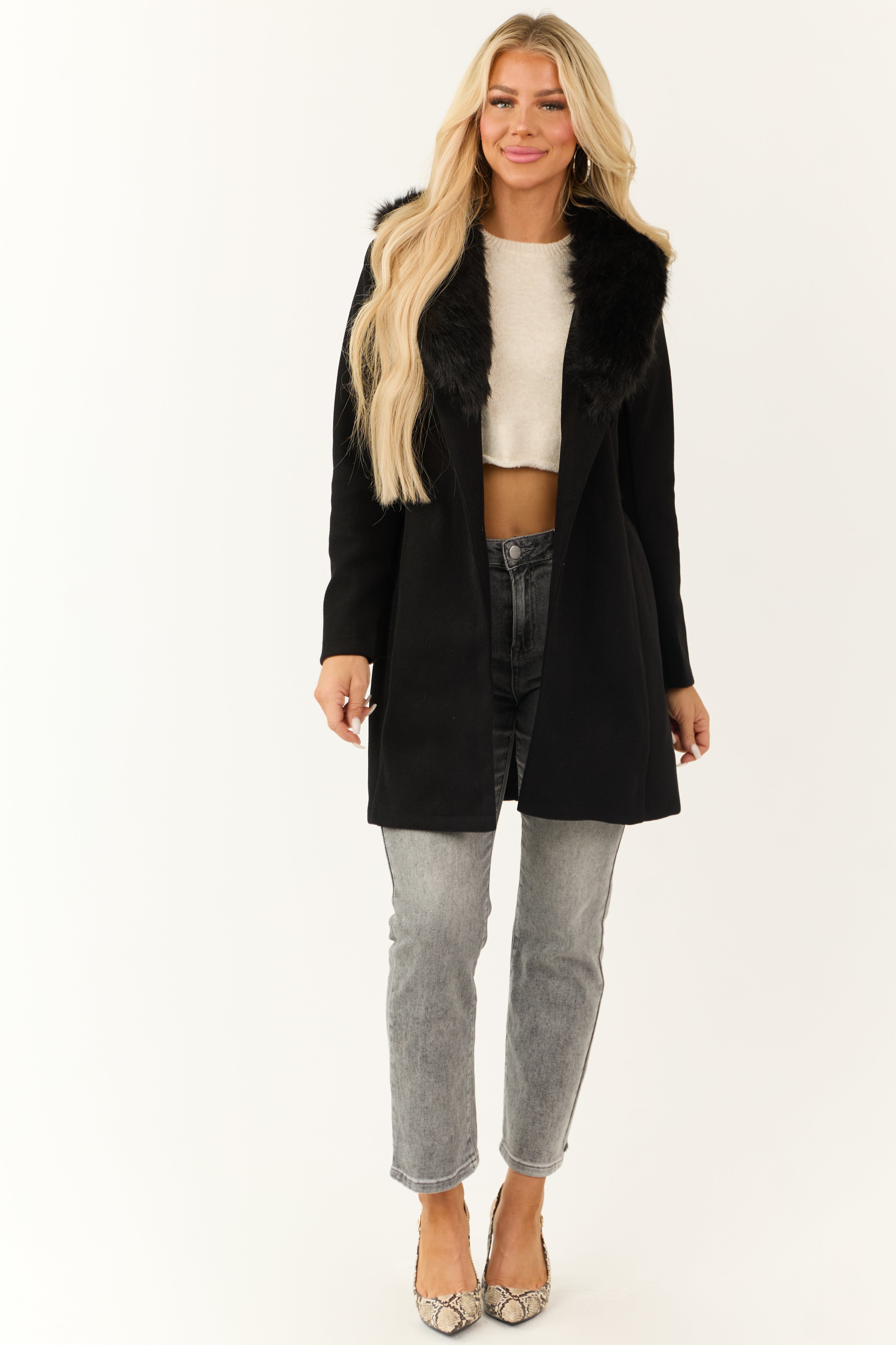 Black Belted Coat with Faux Fur Collar