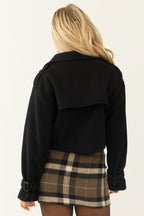 Black Cropped Double-Breasted Coat with Notched Collar