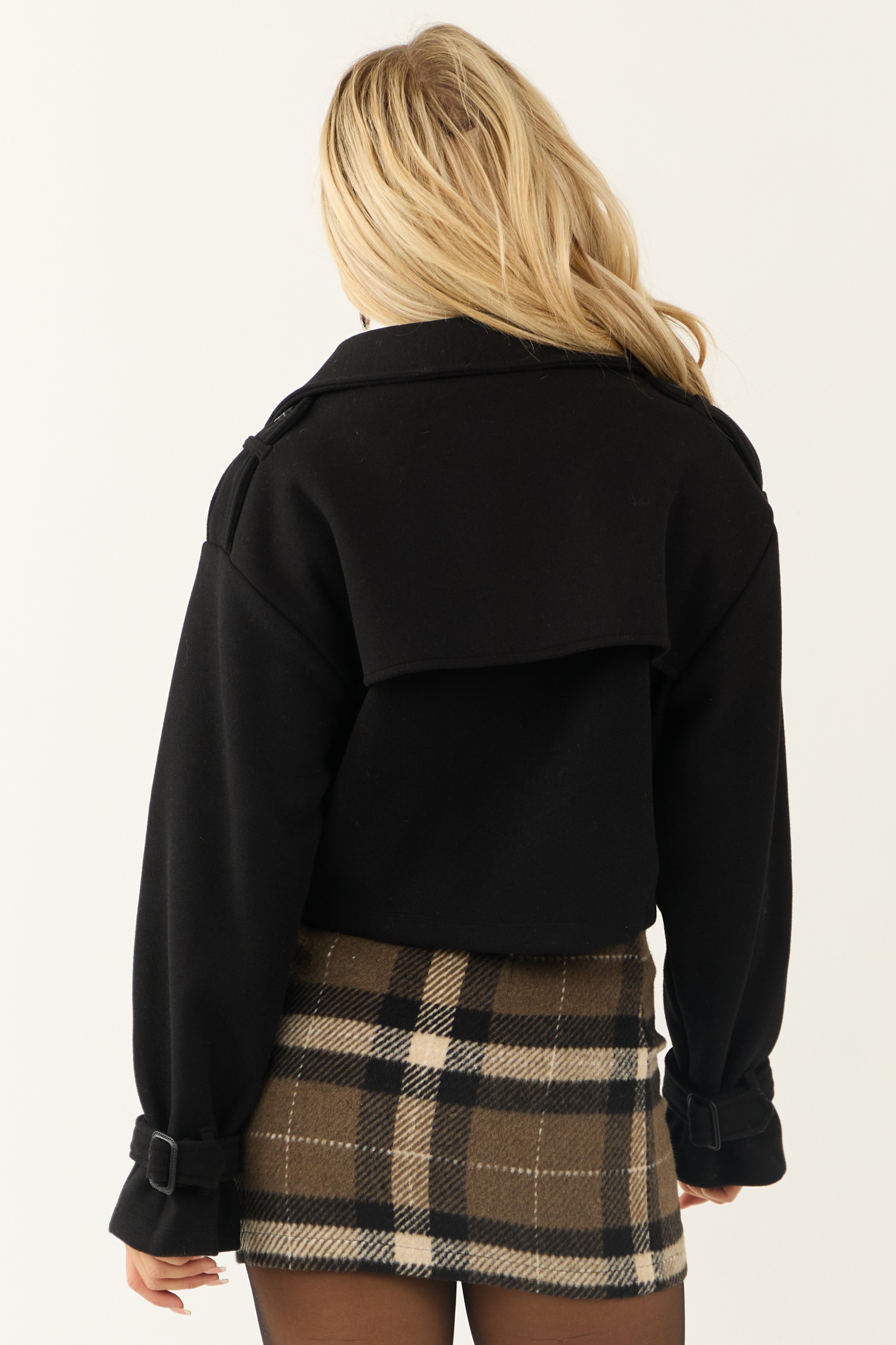 Black Cropped Double-Breasted Coat with Notched Collar