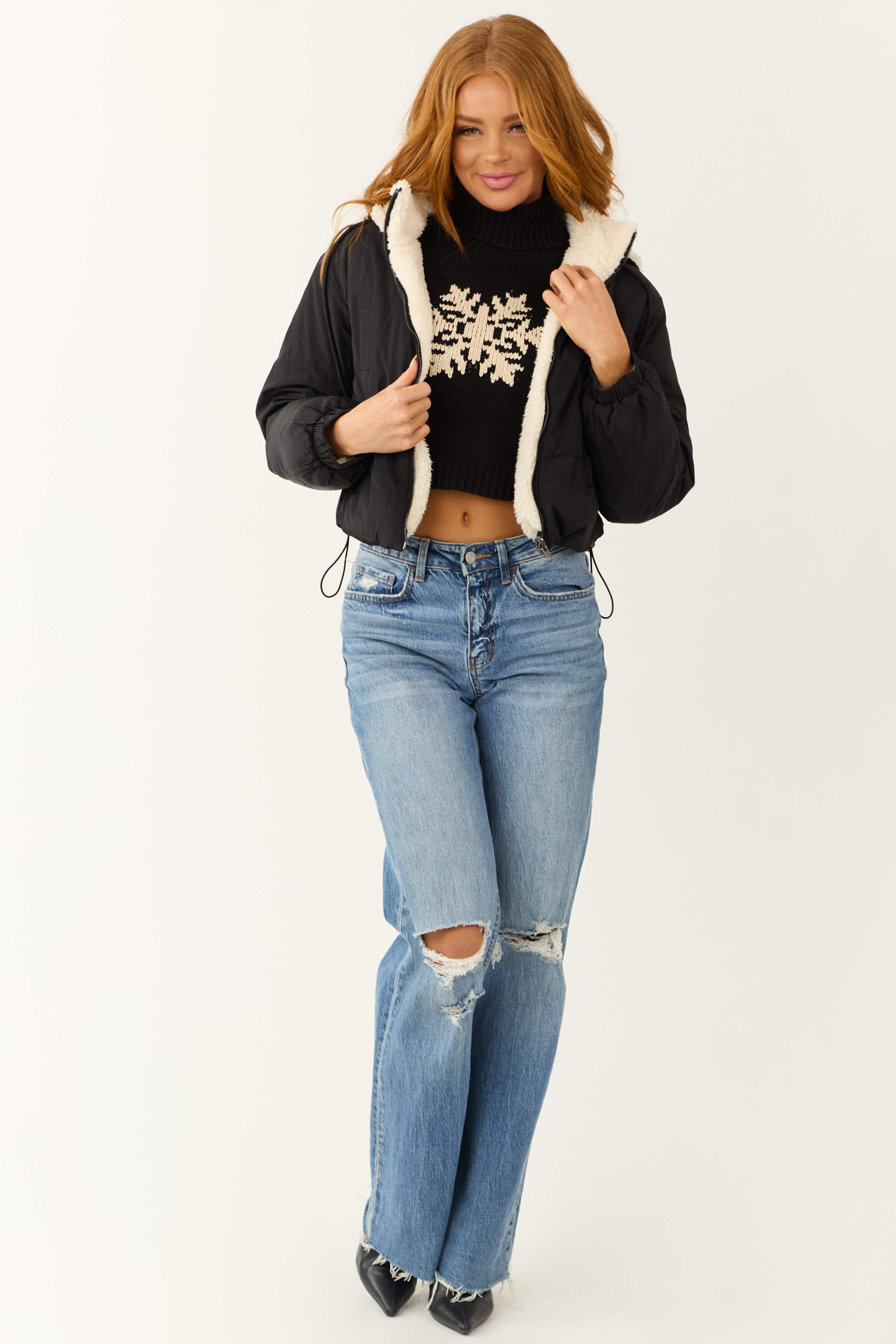 Black Reversible Sherpa Hooded Zip-Up Jacket