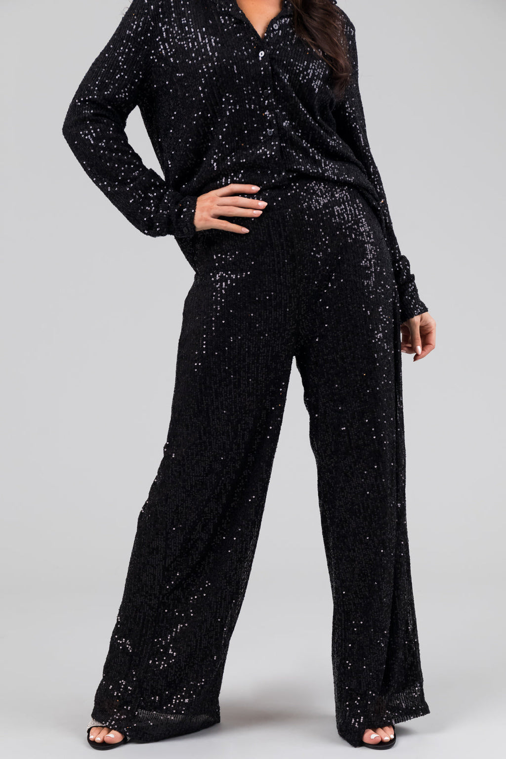 Black Sequin Wide-Leg High-Waist Pants