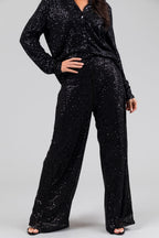 Black Sequin Wide-Leg High-Waist Pants