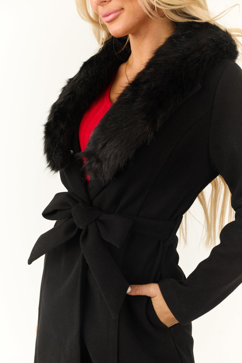 Black Belted Coat with Faux Fur Collar