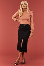 Black Belted Midi Skirt with Flap Pockets and Slit