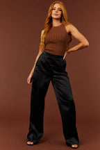 Black Satin Smocked Waist Wide-Leg Pants