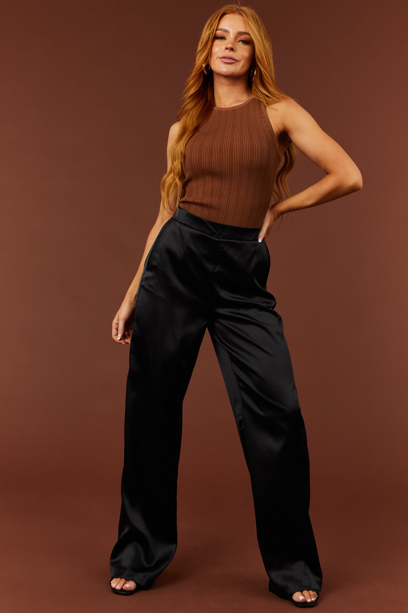 Black Satin Smocked Waist Wide-Leg Pants