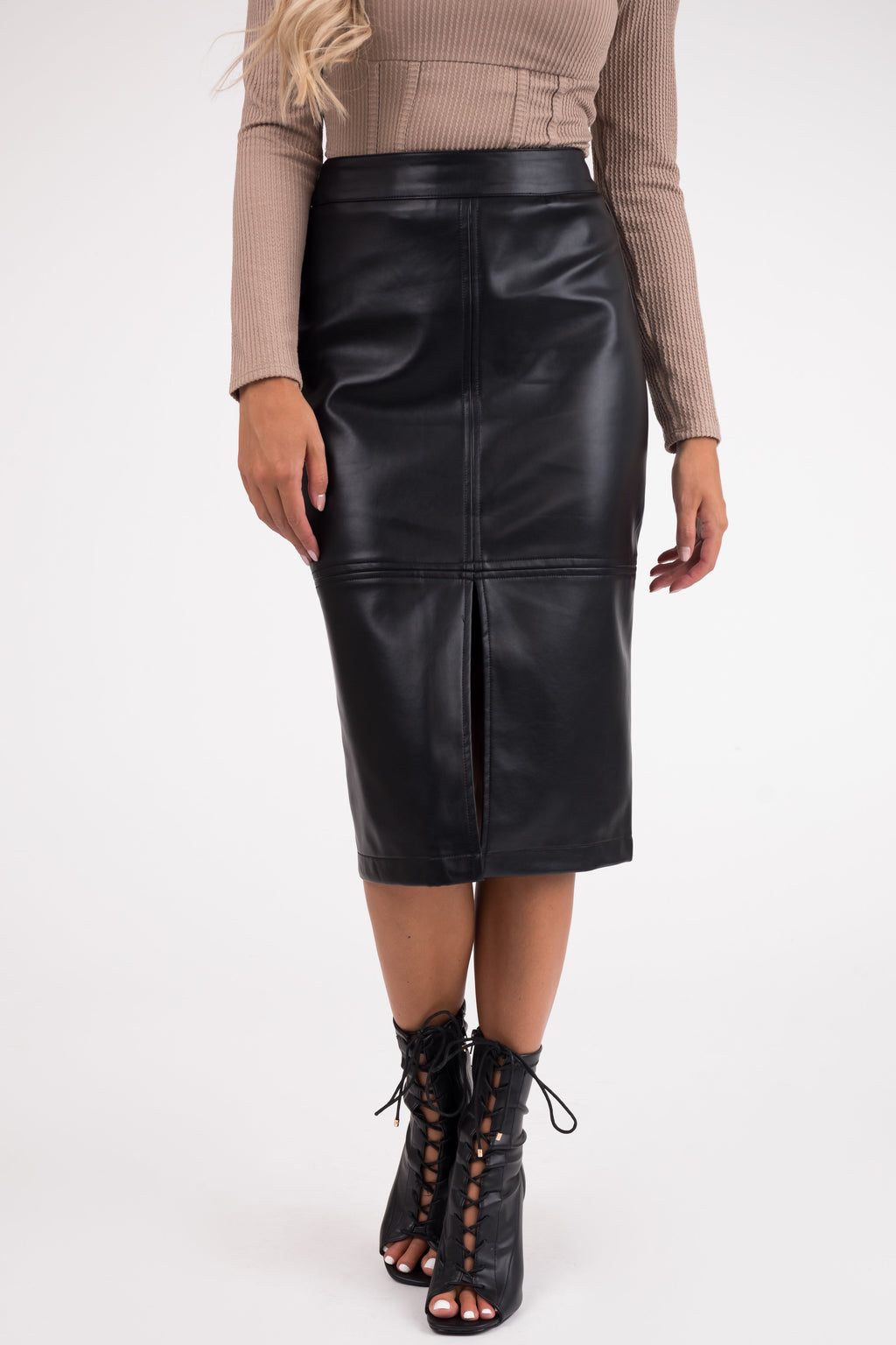 Black Faux Leather Midi Skirt with Front Slit