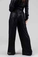 Black Sequin Wide-Leg High-Waist Pants