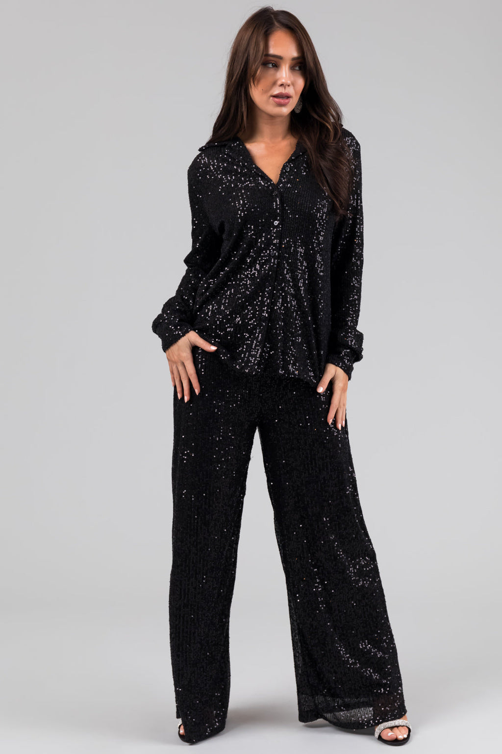 Black Sequin Wide-Leg High-Waist Pants