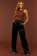Black Satin Smocked Waist Wide-Leg Pants