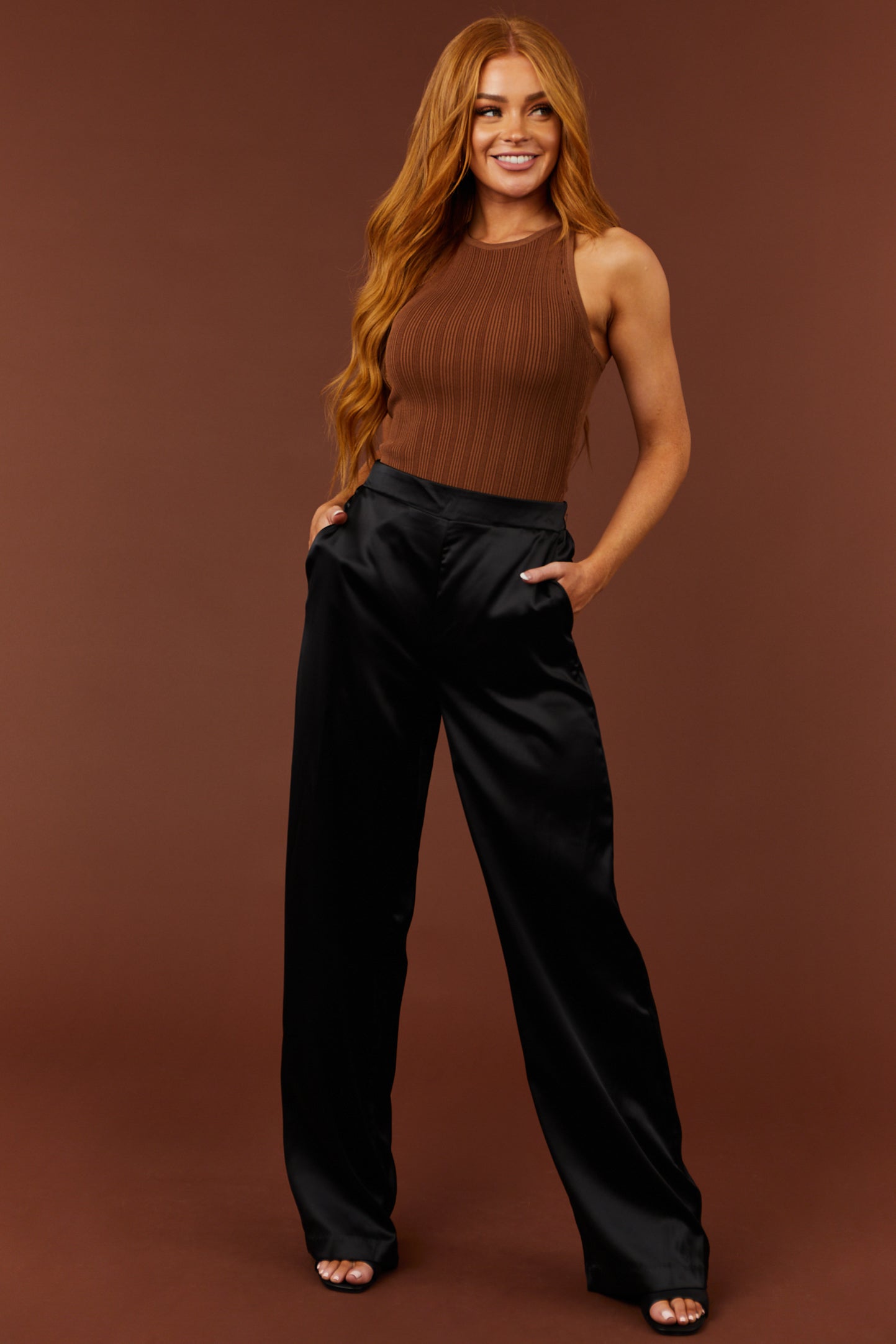 Black Satin Smocked Waist Wide-Leg Pants