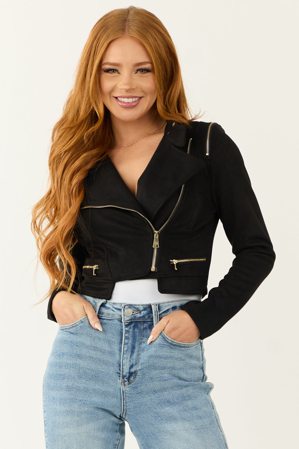 Black Faux Suede Moto Jacket with Zipper Detail