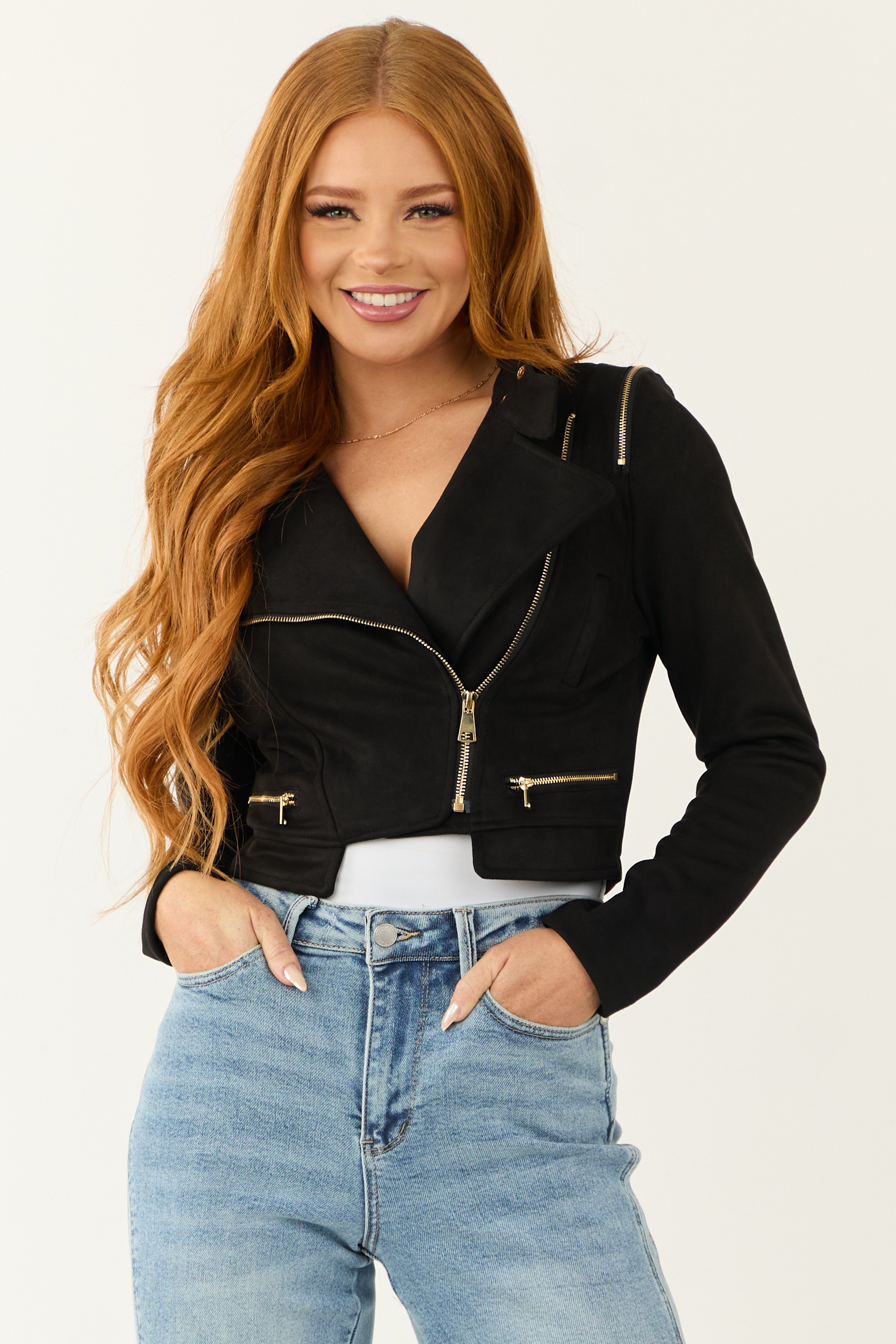 Black Faux Suede Moto Jacket with Zipper Detail